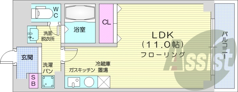 1LDK、シャンプードレッサー、ガスFF暖房、バルコニー
