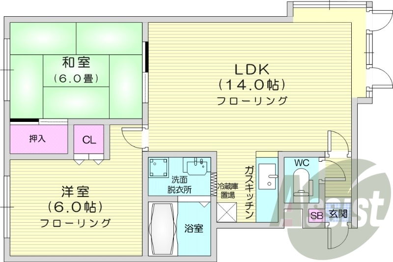 2LDK、灯油暖房、独立洗面台、バストイレ別