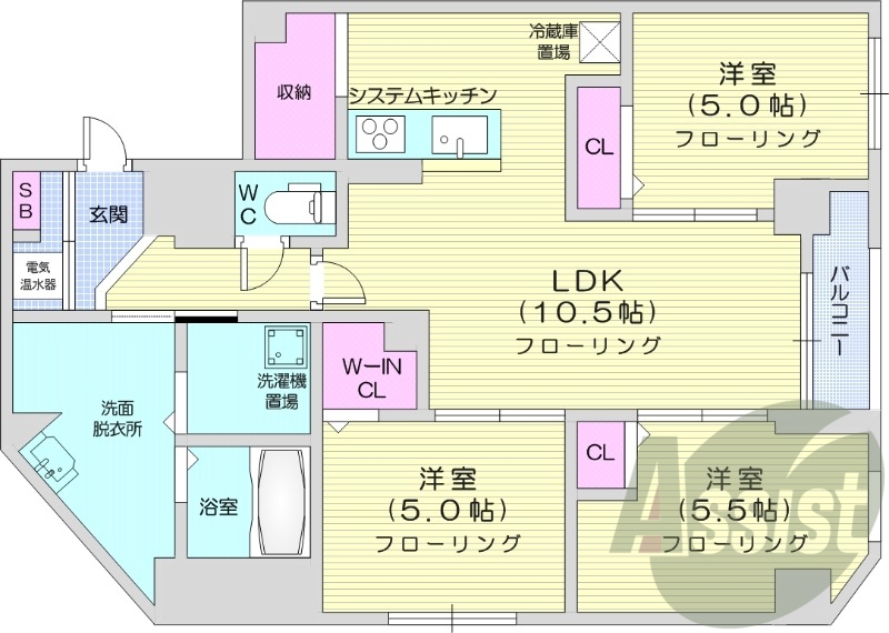 3LDK、エアコン、ペット飼育可、浴室乾燥機