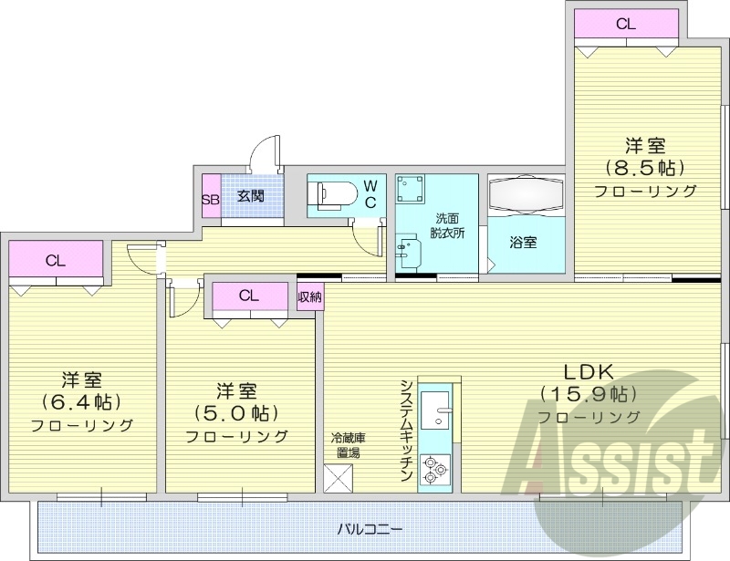 3LDK、エアコン、都市ガス、追い焚き、浴室乾燥機