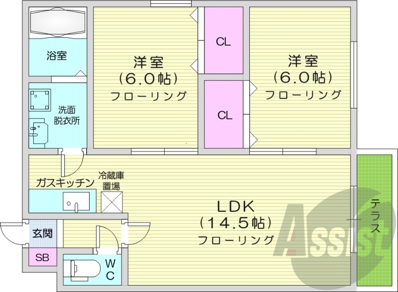 2LDK、シャワートイレ、モニタ付インターホン、灯油暖房