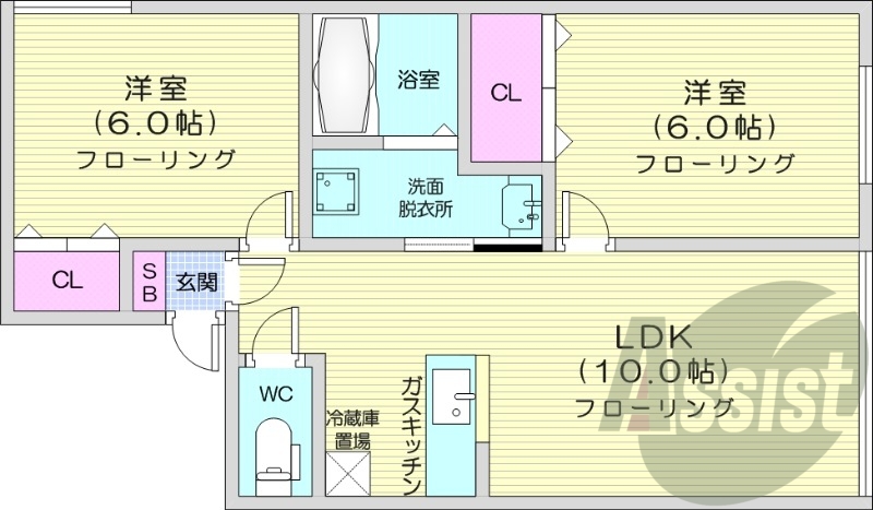 2LDK、独立洗面台、トランクルーム、灯油暖房
