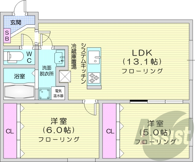 2LDK、都市ガス、システムキッチン、ウォークインクロゼット