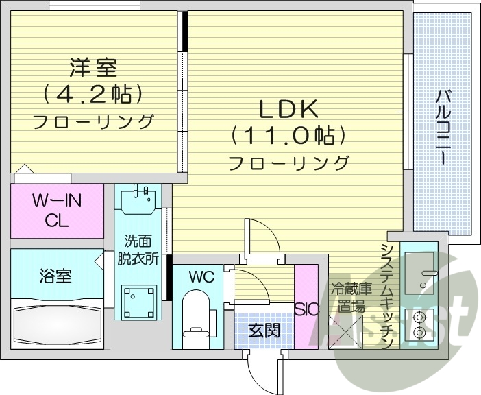 1LDK、エアコン、床暖房、システムキッチン、ネット無料