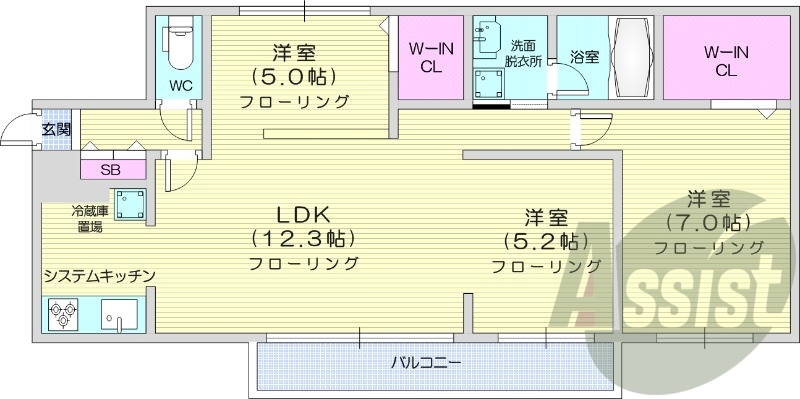 3LDK、エアコン、システムキッチン、宅配ボックス