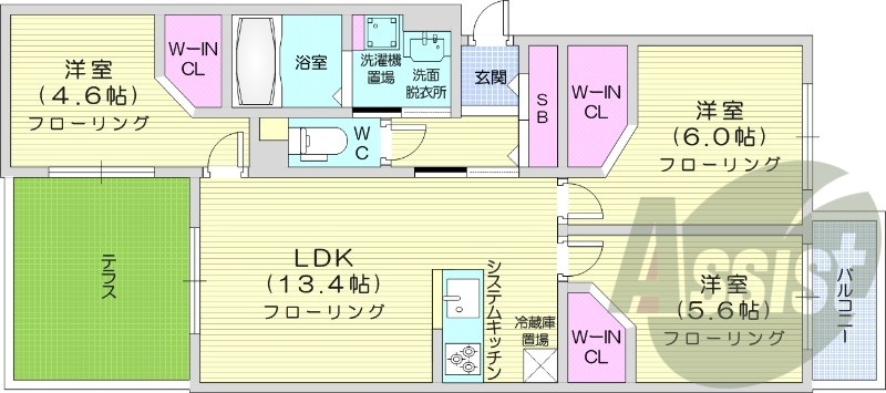 3LDK、エアコン、ガスリミット制、システムキッチン