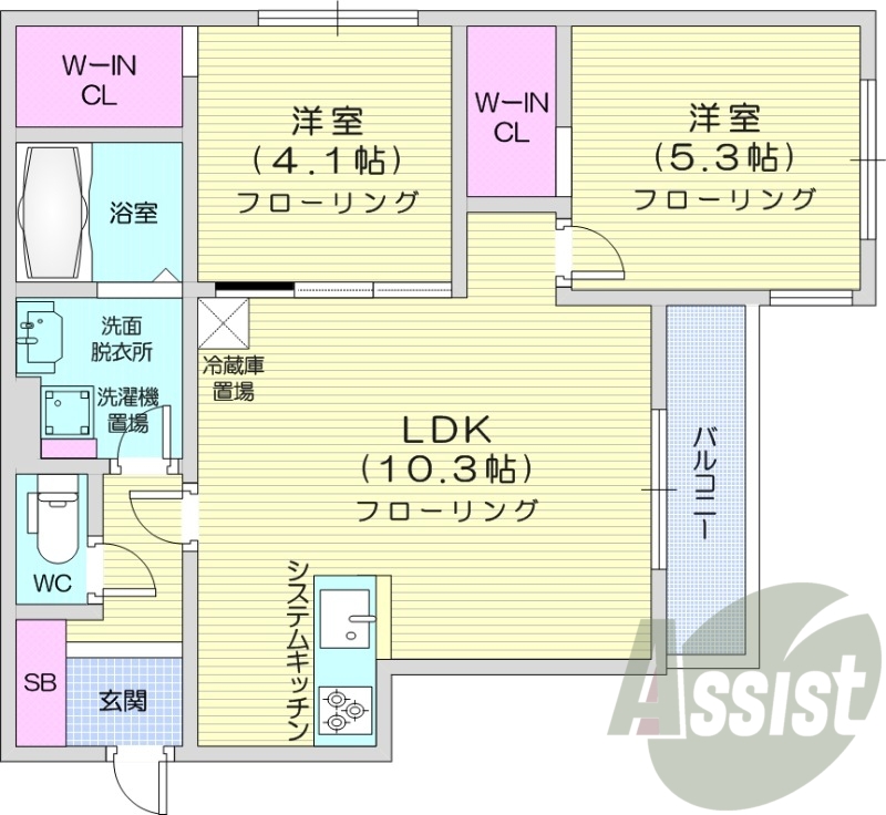 2LDK、エアコン、ガスリミット制、システムキッチン