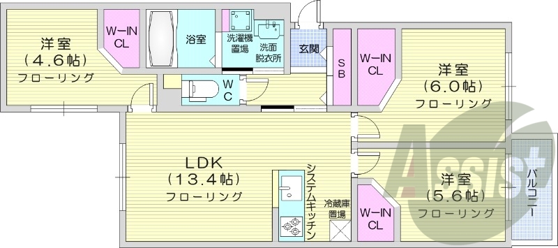 3LDK、エアコン、ガスリミット制、システムキッチン