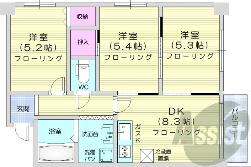 3LDK、エアコン、灯油暖房、シャワートイレ、バルコニー