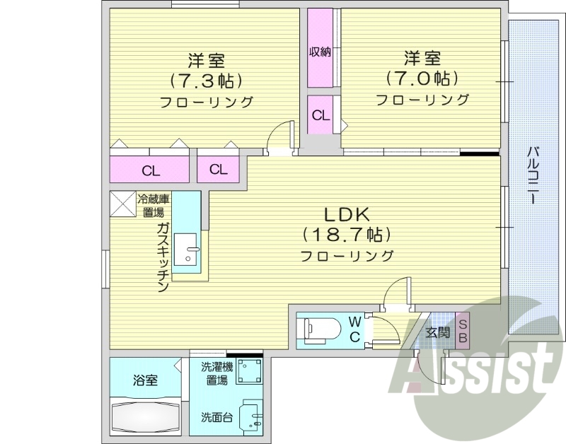 2LDK、シャワートイレ、灯油暖房、対面キッチン