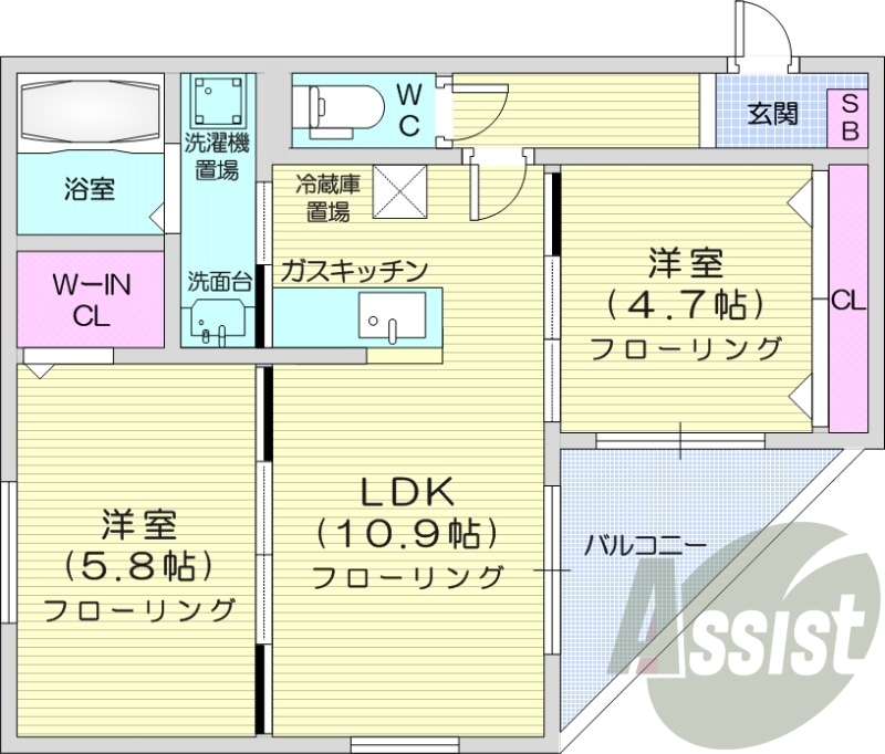 2LDK、エアコン、バルコニー、クローゼット