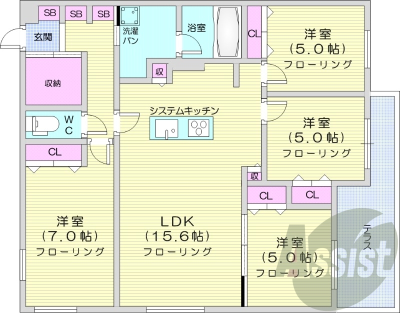 4LDK、都市ガス、システムキッチン、浴室乾燥機