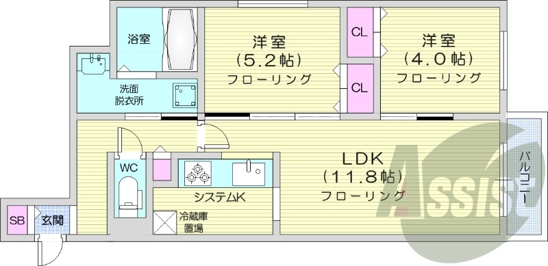 2LDK、都市ガス、システムキッチン、TV付きモニターフォン
