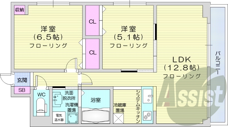 2LDK、オール電化、システムキッチン、トランクルーム