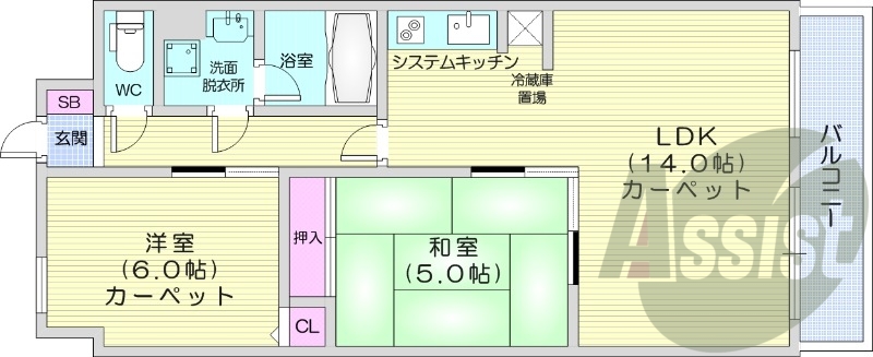 2LDK、バストイレ別、都市ガス、オートロック、独立洗面台