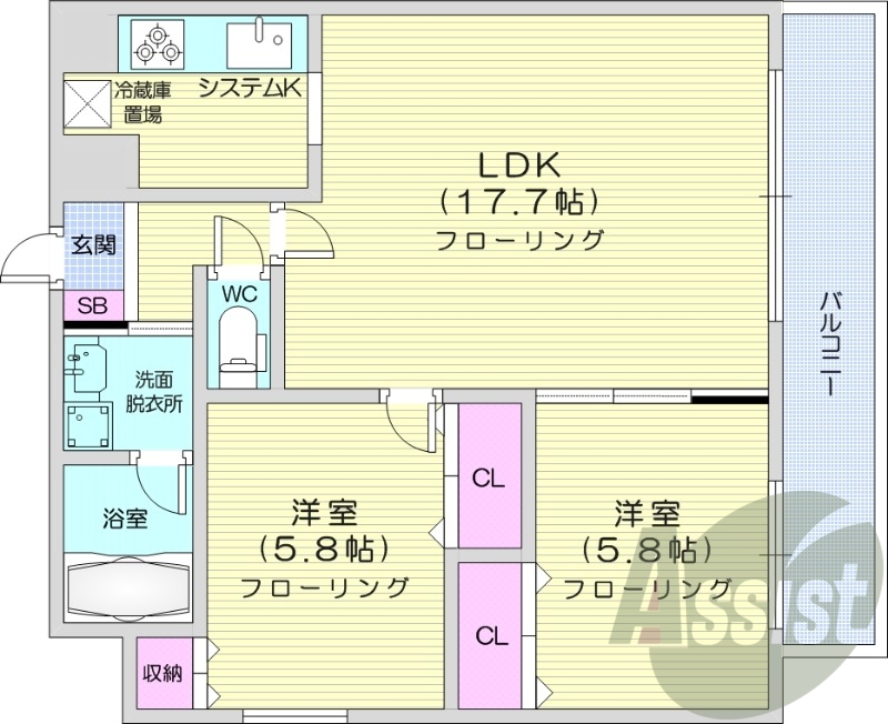 2LDK、収納、バストイレ別、洗面脱衣所、オートロック