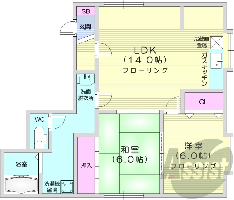 2LDK、灯油暖房、収納、インターホン、洗濯機置場