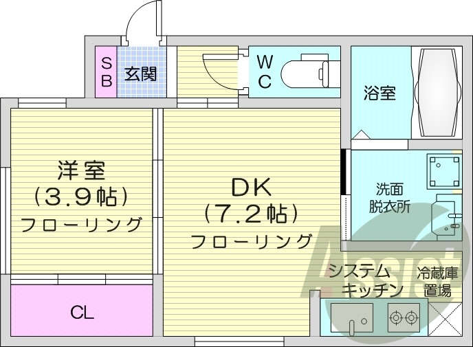 1DK、エアコン、システムキッチン、独立洗面台