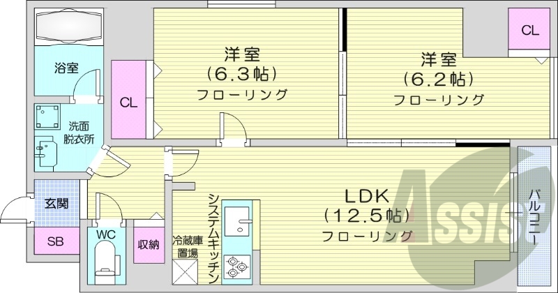 2LDK、エアコン、都市ガス、システムキッチン、追い焚き機能