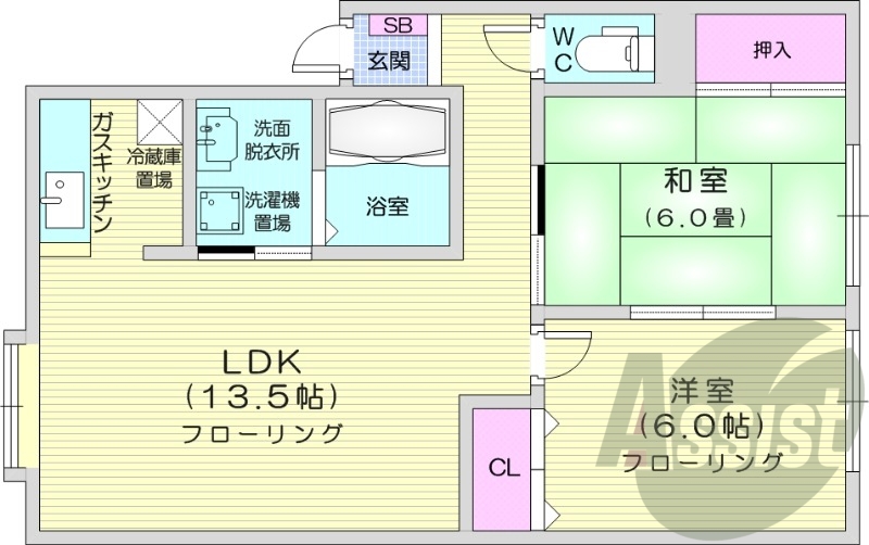 2LDK、ネット使用料不要、モニタ付インターホン