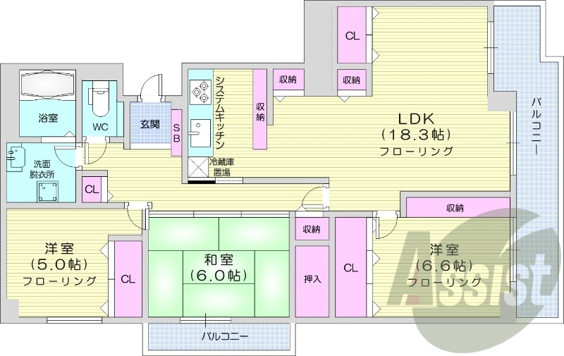 3LDK、都市ガス、システムキッチン、追い炊き