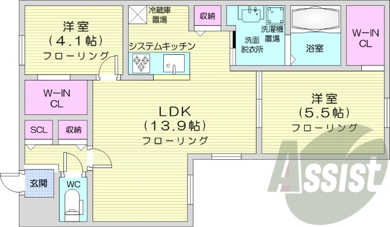 2LDK、都市ガス、エアコン、システムキッチン、宅配ボックス