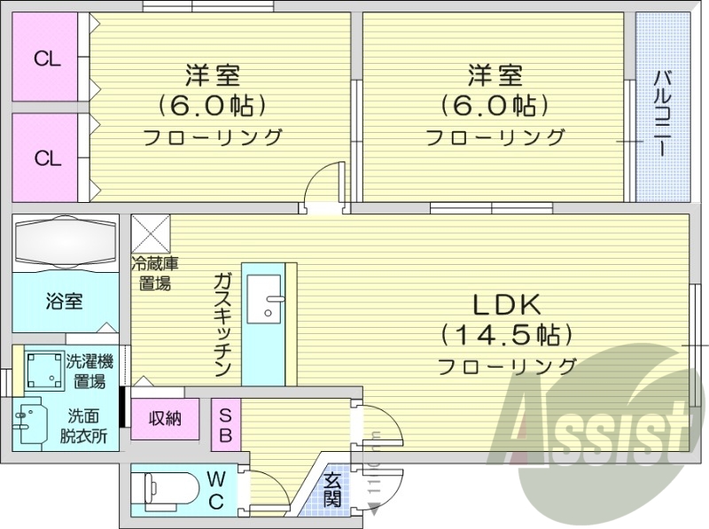 2LDK、都市ガス、対面キッチン、ガス暖房、