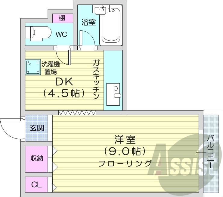 1LDK、収納、クローゼット、バルコニー、バストイレ別