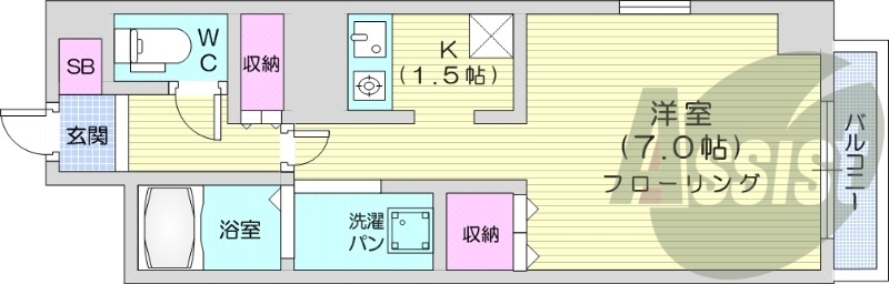 1K、収納、バルコニー、バストイレ別、ガスキッチン