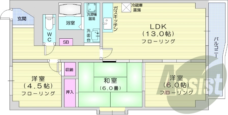 3LDK、エアコン、灯油暖房、宅配ボックス、バルコニー