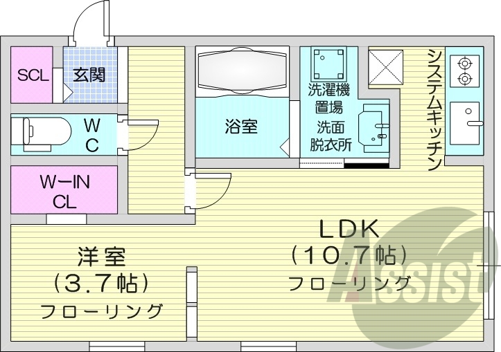 1LDK、都市ガス、エアコン、システムキッチン、宅配ボックス