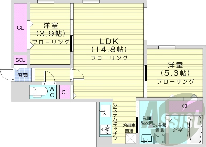 2LDK、都市ガス、エアコン、システムキッチン、宅配ボックス