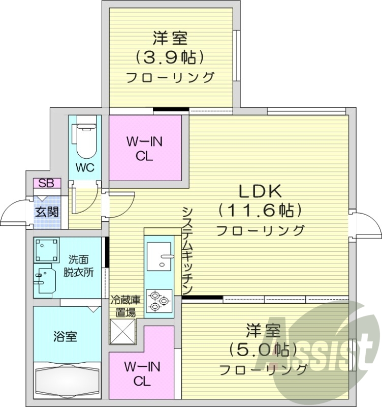 2LDK、エアコン、都市ガス、システムキッチン