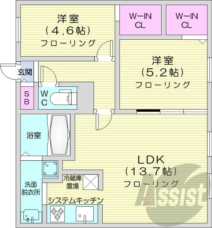 2LDK、浴室乾燥機、エアコン、インターネット無料