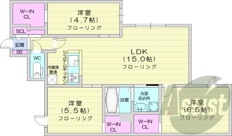 3LDK、浴室乾燥機、エアコン、インターネット無料