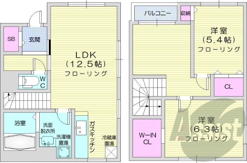 2LDK、エアコン、シャワートイレ、ウォークインクローゼット