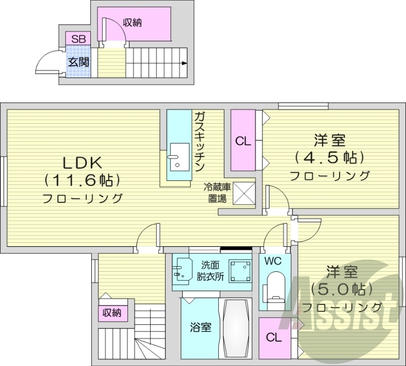 2LDK、対面キッチン、モニター付きインターホン