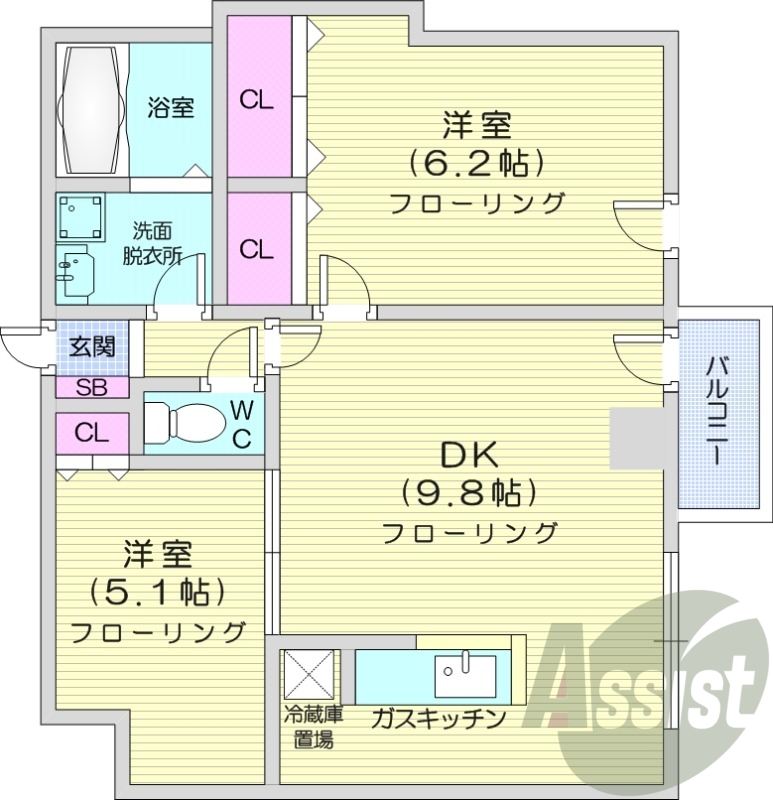 2LDK、オートロック、カウンターキッチン