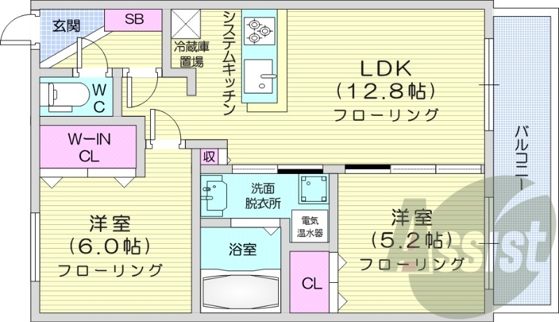2LDK、都市ガス、対面システムキッチン、追い焚き