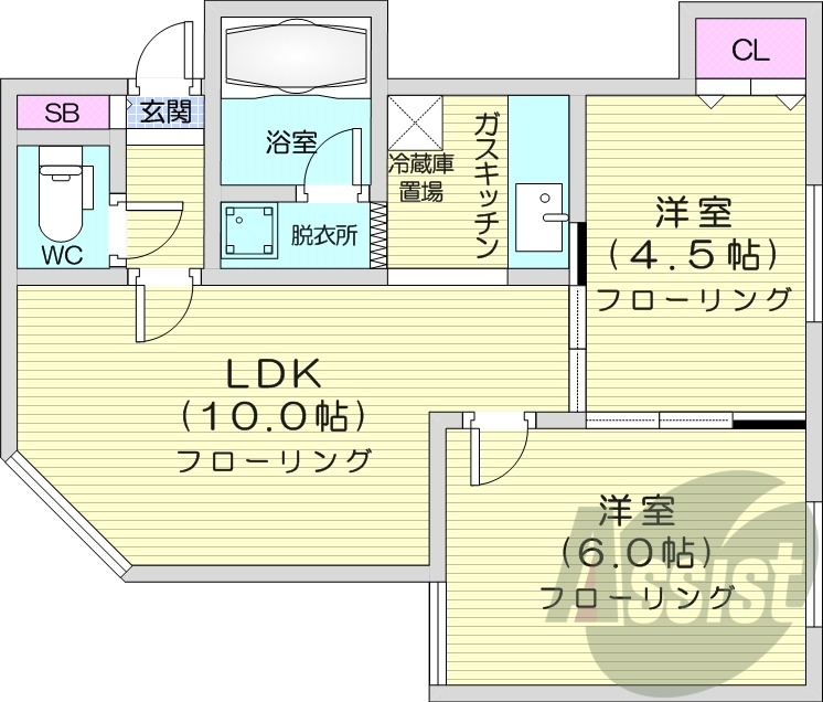 2LDK、灯油暖房、シャワー、バストイレ別
