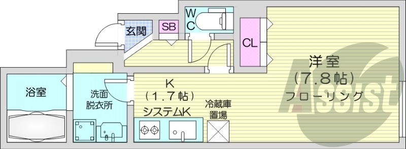 1K、角部屋、エアコン、浴室乾燥機、ネット無料