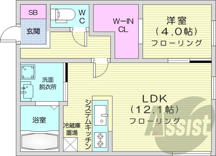 1LDK、エアコン、都市ガス、システムキッチン