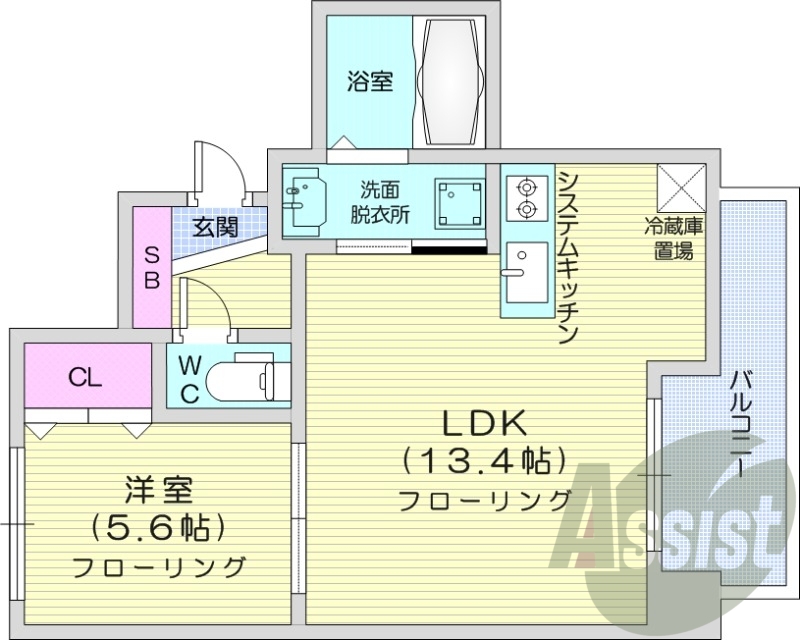 1LDK、エアコン、灯油暖房、システムキッチン