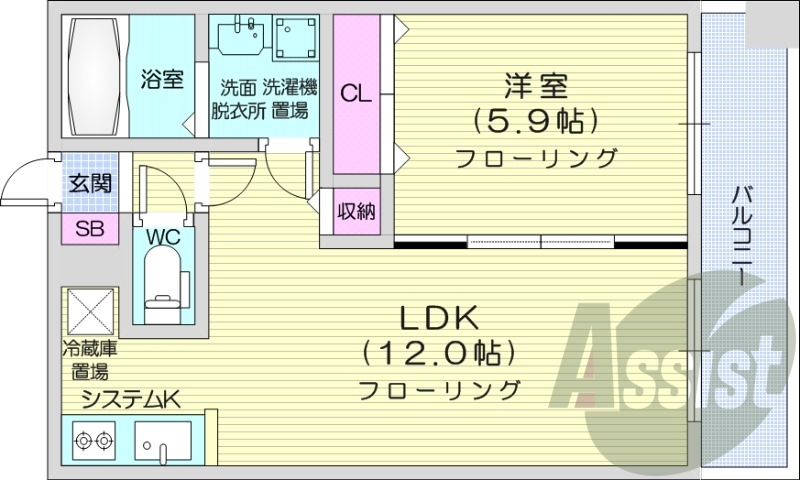 1LDK、オートロック、エアコン、システムキッチン