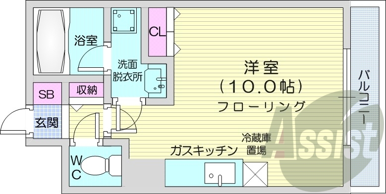 1R、エアコン、独立洗面台、ガス暖房、