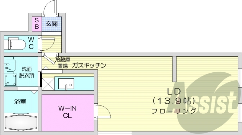 1R、バストイレ別、ペット可、独立洗面台