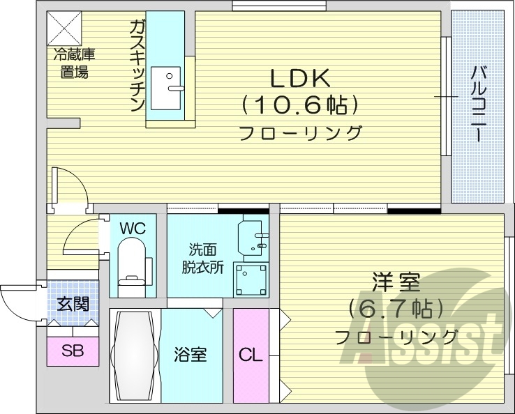 1LDK、都市ガス、エアコン、オートロック
