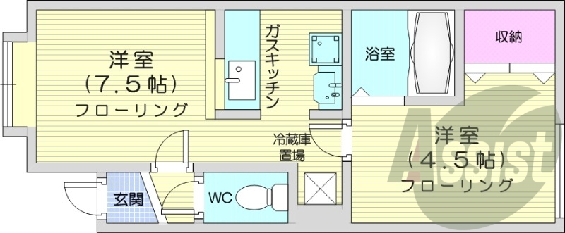 2LDK、独立洗面台、ネット使用料無料、バストイレ別