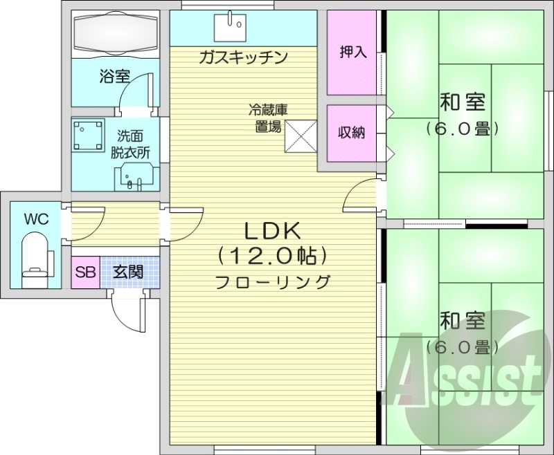 2LDK、灯油暖房、風呂トイレ別、シャンプードレッサー