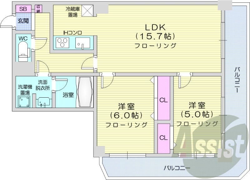 2LDK、オートロック、オール電化、バストイレ別